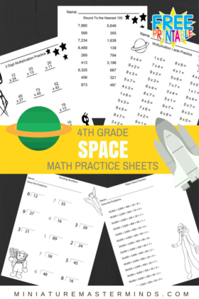 Space Theme – 4th Grade Math Practice Sheets – Multiplication Facts, 2 Digit Multiplication Practice, Rounding, Dividing