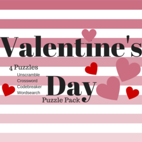 Free Valentine’s Day Printable Puzzle Pack Word search, Code breaker, Unscramble, and Crossword