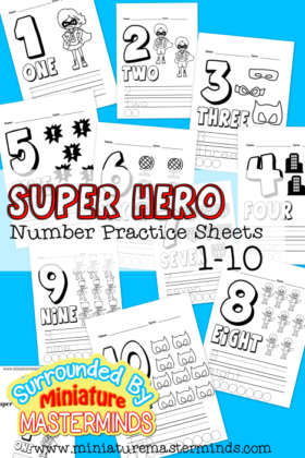 Free Printable Super Hero Number Practice Sheets 1- 10