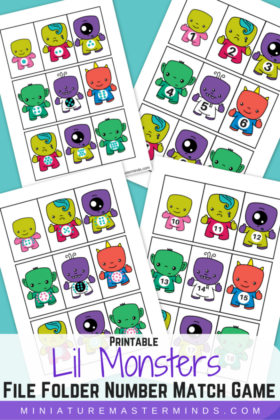 Printable Lil Monsters File Folder Number Match Game