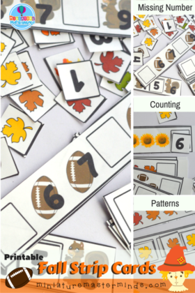 Printable Preschool Fall Fill in Missing Number, Counting, And Pattern Strip Cards
