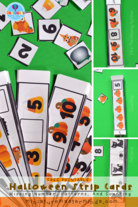 Free Printable Halloween Themed Strip Cards Missing Number, Pattern, and Counting Cards