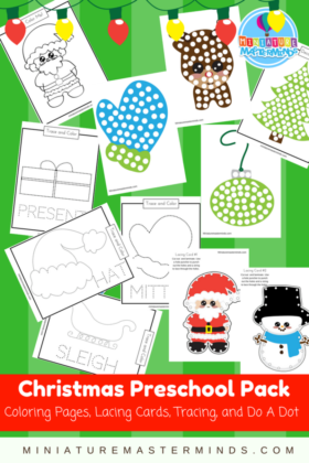 11 Pages of Christmas Coloring Pages, Lacing Cards, Tracing, and Do A Dot Preschool Pack