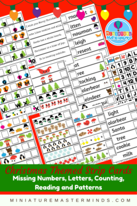 Christmas Themed Strip Cards Missing Numbers, Letters, Counting, Reading and Patterns