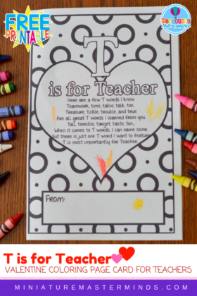 T is For Teacher Coloring Page Valentine or Teacher’s Appreciation Card For Teachers