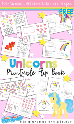 Free Printable Unicorn Themed Flip Book 1-20 Numbers, Colors, Alphabet, and Shapes Preschool, Kindergarten, and First Grade