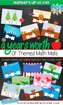 A Year’s Worth of Themed Math Mats For Math Centers – Count, Compare Numbers and Add/Subtract up to 140