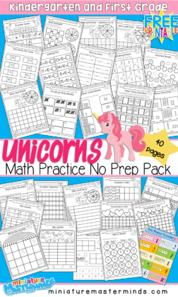 Unicorn Themed Math Practice No Prep Book 40 Pages Kindergarten and First Grade