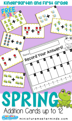 Spring Themed Addition Up to 12 Cards and Recording Page for Kindergarten