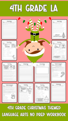 4th Grade Language Arts Christmas Themed Workbook 25 Pages of No Prep Worksheets